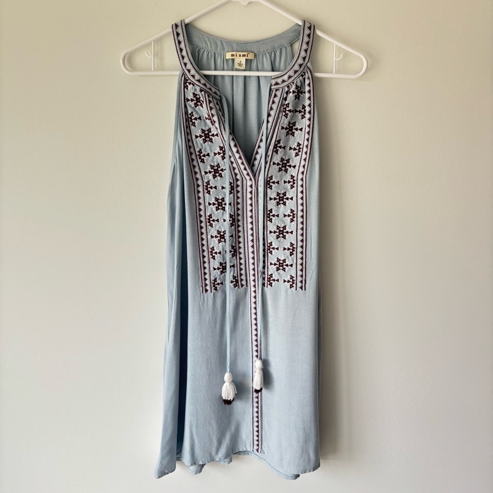 Miami Blue Embroidered Mini Dress Aztec Print Tassel Tank Top Summer Flowy